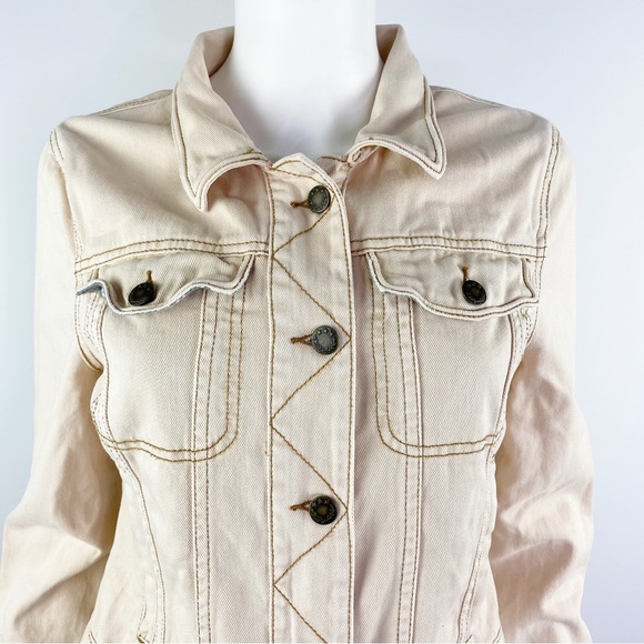 Free People Size M Cream Beige Long Sleeve Button Up Denim Jacket - Picture 8 of 10